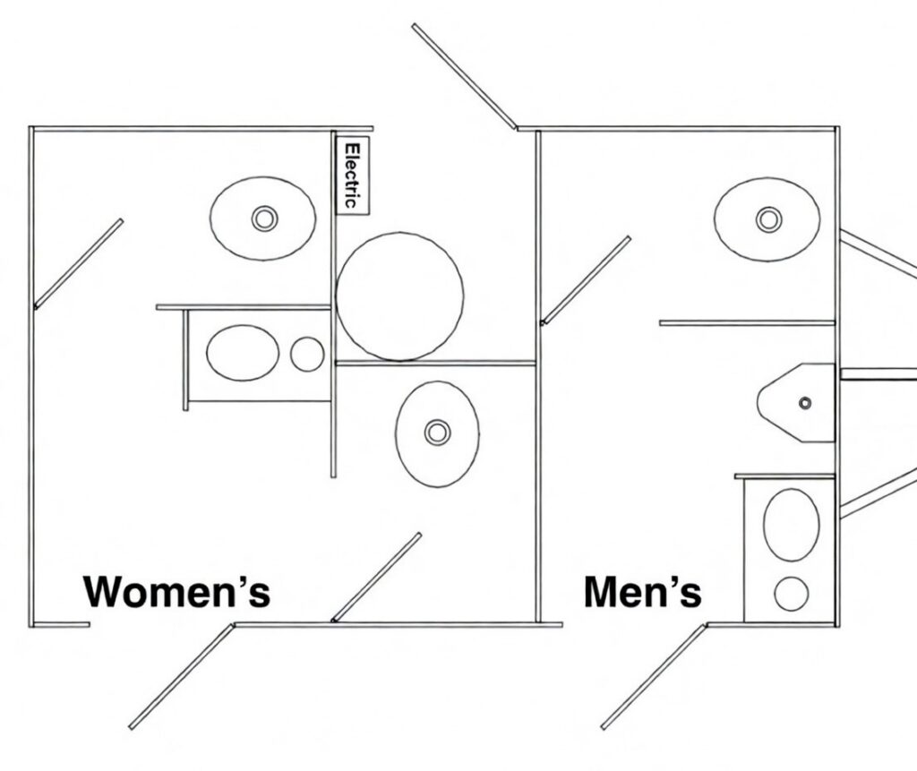 Restroom layout diagram. Shows Women's side with two stalls and vanity on left. Shows Men's side with one stall, one urinal, and vanity on right.