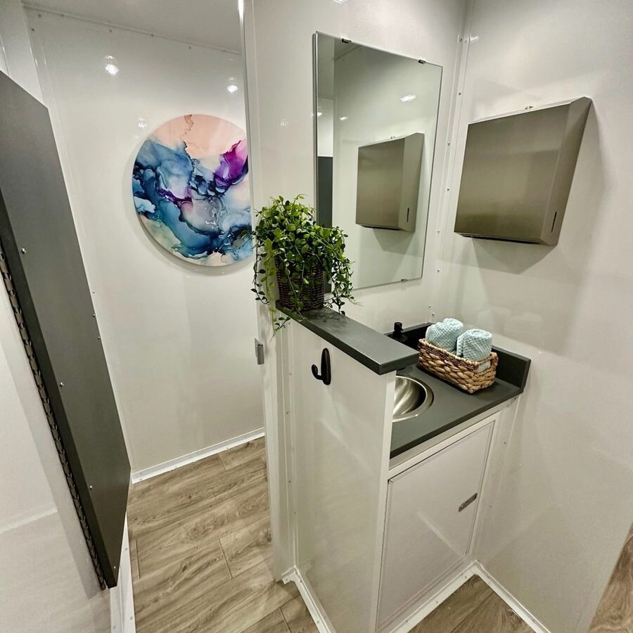 Luxury restroom trailer interior for weddings — White Glove Restroom